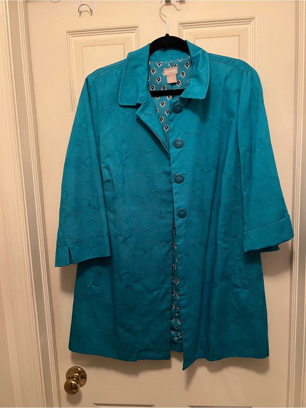 Chico's Teal Floral-Textured Button Front Trench Coat